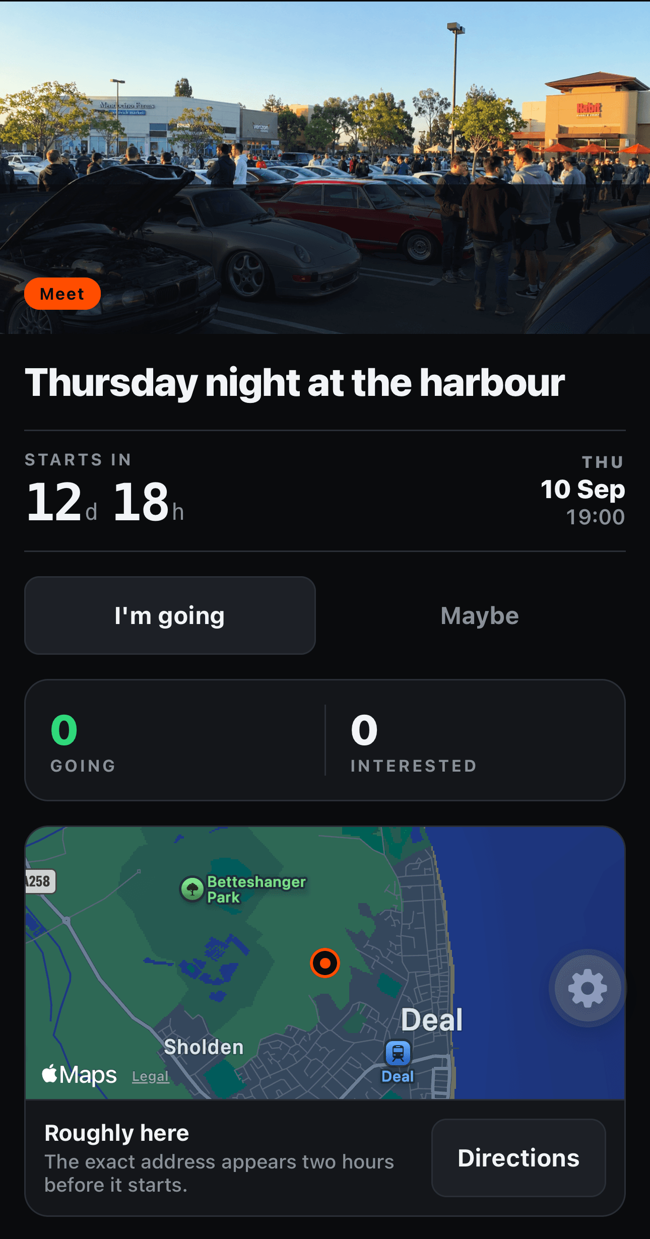The event screen for a meet: the car park photo, a countdown to Thursday at 19:00, going and interested counts, and an approximate map pin